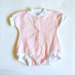 vintage teddy's choice pink & white striped snap terry romper playsuit 3 months